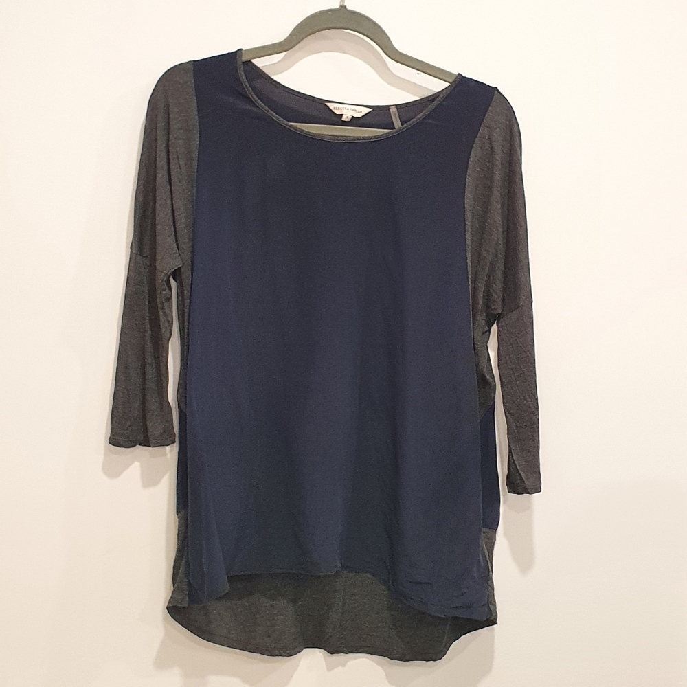 Rebecca Taylor silk long sleeve top, navy blue grey, size 8
